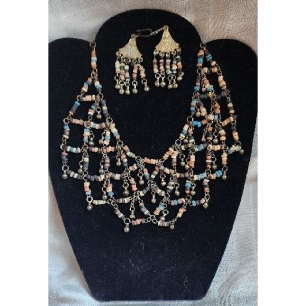 Boho Handmade Beads And Bells Statement Bib Necklace & Earrings Set Vintage